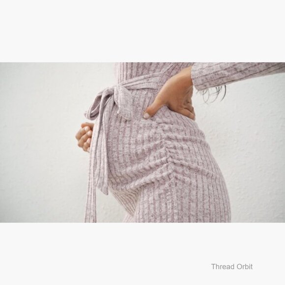 Maternity Sweater Dress Rib Knit Long Sleeve Slit Belted Pregnancy - Picture 6 of 6